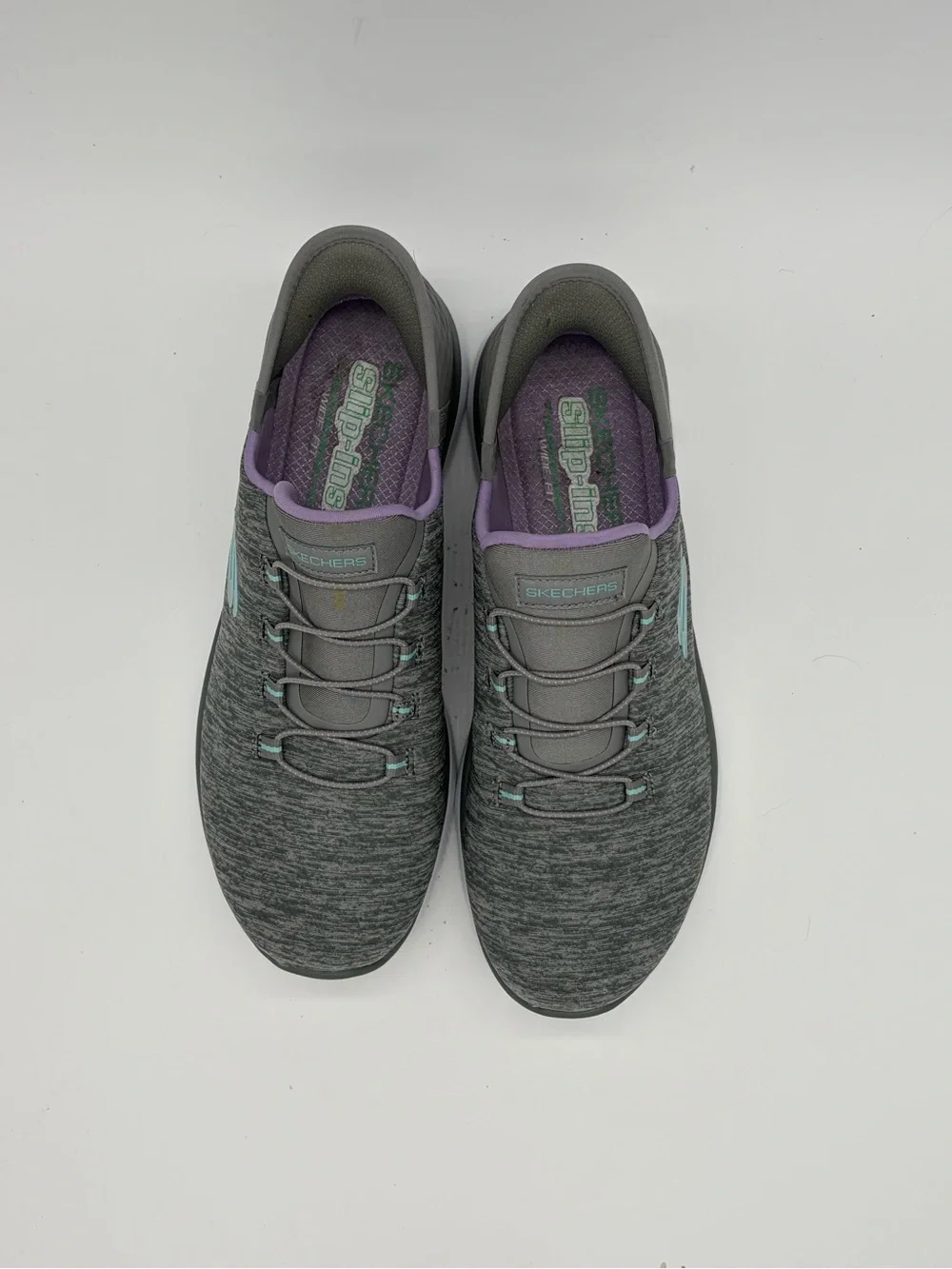Skechers Women's Gray Slip-On Athletic Sneakers with Lavender and Teal Accents